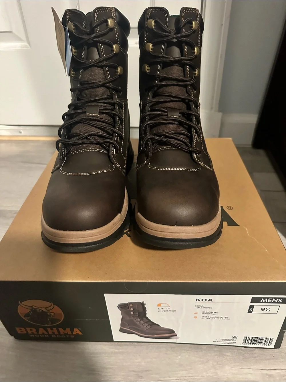 Brahma Dark Brown Lace-Up Work Boot with Steel Toe and Black Sole